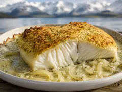 A thick halibut fillet under a golden Parmesan crust, cut open to show snow-white flakes, on a bed of creamy onions with mountains behind.