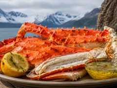 A pile of bright red king crab legs, one split open to show snow-white meat, with a lemon half and a bowl of golden butter, snowy mountains behind.