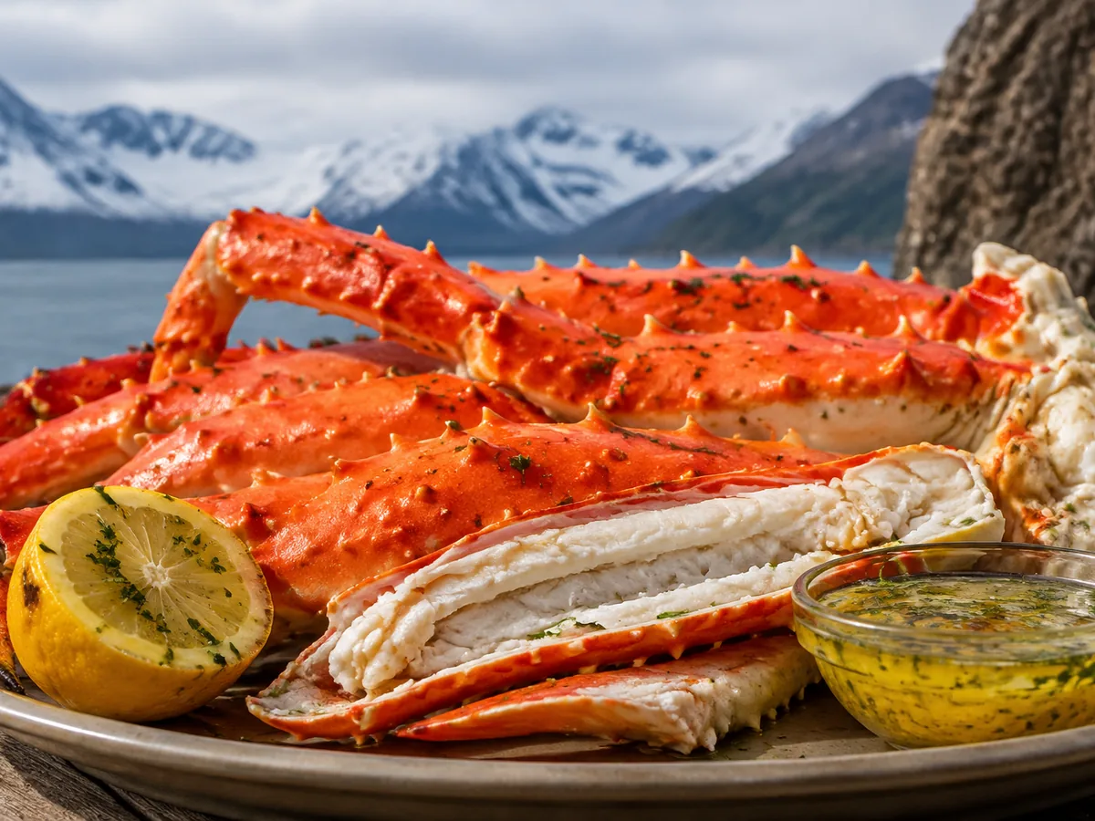 A pile of bright red king crab legs, one split open to show snow-white meat, with a lemon half and a bowl of golden butter, snowy mountains behind.