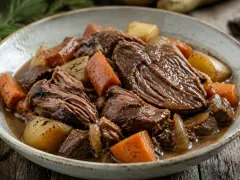 A bowl of dark, fork-tender braised game meat in glossy gravy with chunks of carrot, parsnip and potato, on grey wood with pine behind.