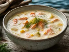 A bowl of creamy ivory chowder with chunks of coral smoked salmon, potato, carrot and corn, topped with a sprig of dill, beside the sea.