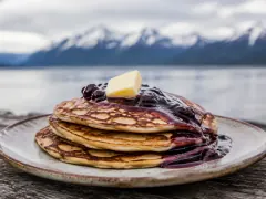 A short stack of thin golden hotcakes with a pat of butter and dark wild berry syrup running down the sides, water and mountains behind.