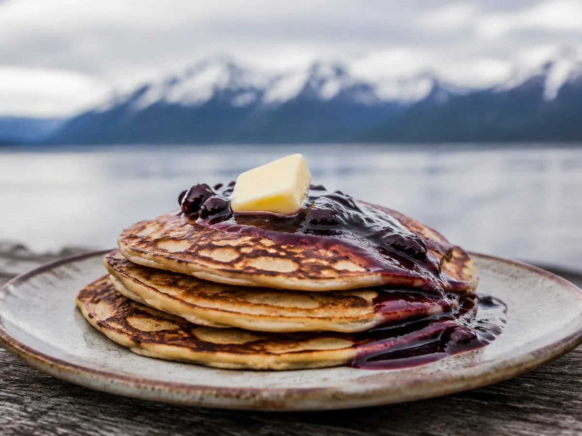 A short stack of thin golden hotcakes with a pat of butter and dark wild berry syrup running down the sides, water and mountains behind.