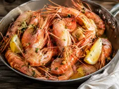 A skillet of whole coral-red spot prawns glossed in garlic butter and parsley with lemon wedges, on weathered wood by the water.