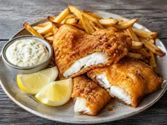 Golden beer-battered fish pieces, one broken open to show white flakes, with hand-cut fries, tartar sauce and lemon wedges on a plate.