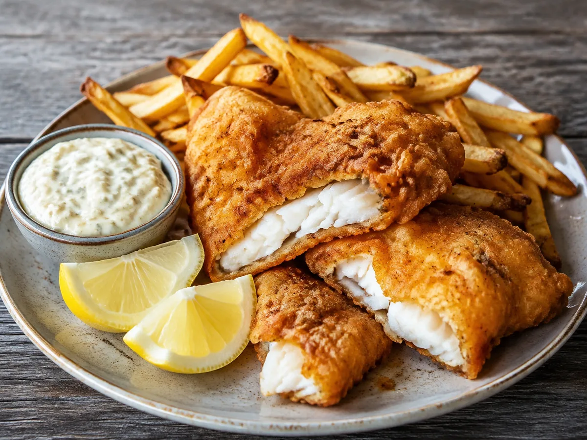 Golden beer-battered fish pieces, one broken open to show white flakes, with hand-cut fries, tartar sauce and lemon wedges on a plate.