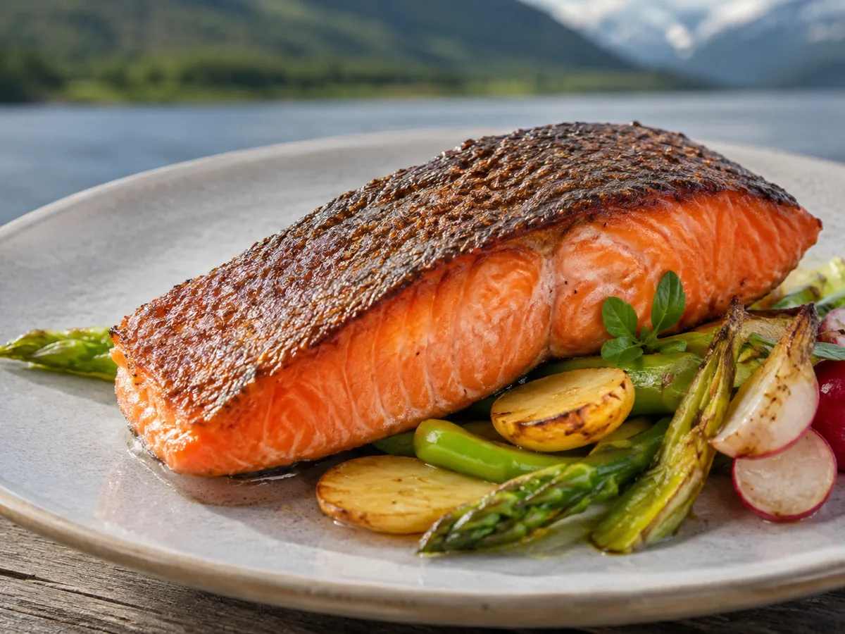 A skin-on king salmon fillet with a crisp bronze skin and deep coral flesh on a plate with roasted asparagus and potatoes, mountains and water behind.