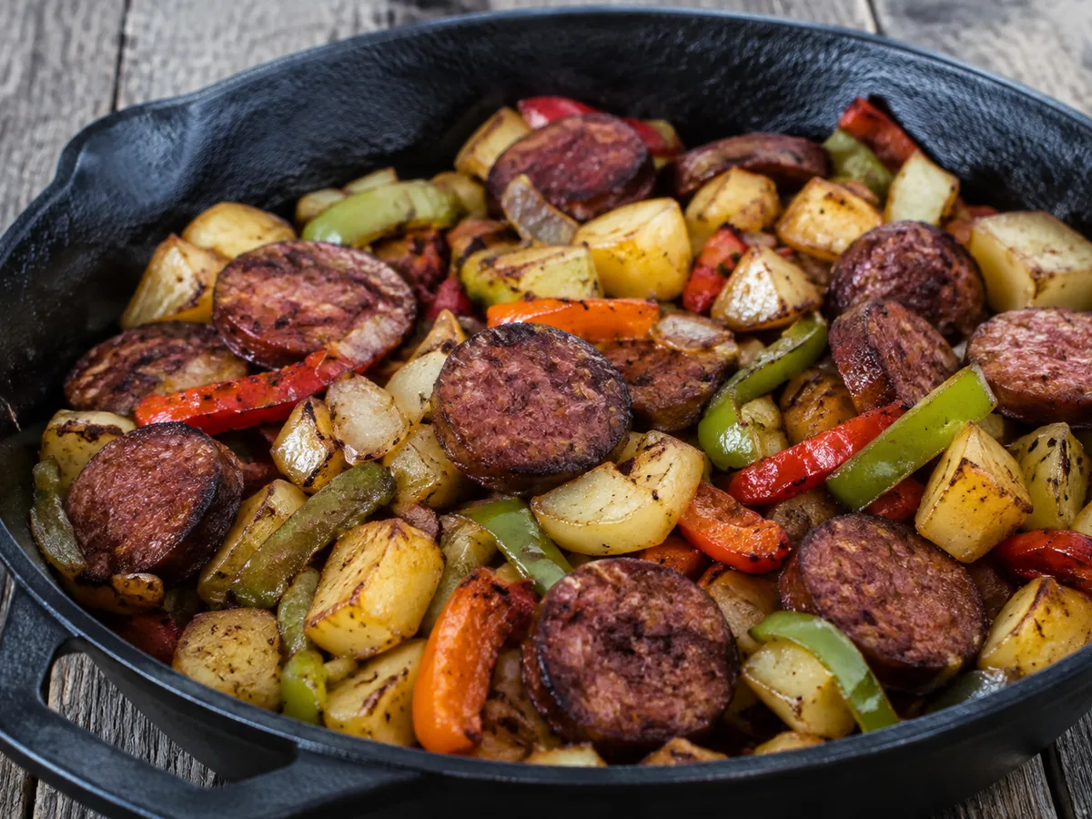 A cast-iron skillet of seared sausage coins, browned potato cubes, onion and strips of red and green pepper, on a weathered wooden table.