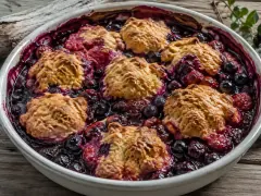 A skillet of bubbling deep-purple berry compote with golden sugar-topped dumplings across the top, on a wooden table.