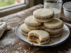 Pale cornstarch alfajores sandwiched with dulce de leche, the exposed filling around the edge rolled in shredded coconut.