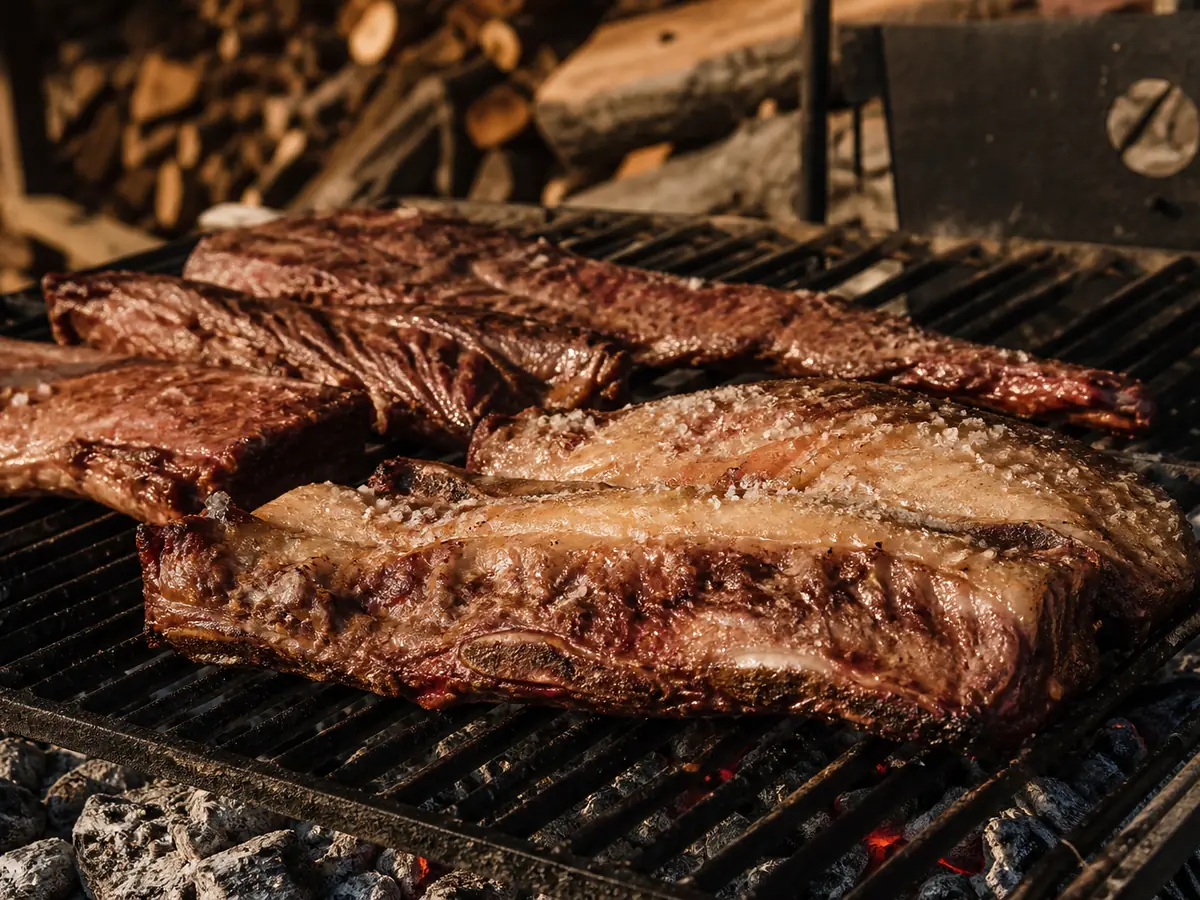 Thick cross-cut short ribs and a fat-capped flank on an Argentine parrilla grate, scattered with coarse salt over a bed of glowing embers.