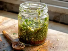 A glass jar of chimichurri on a wooden board, the chopped parsley and garlic settled below a layer of oil, with a wooden spoon alongside.