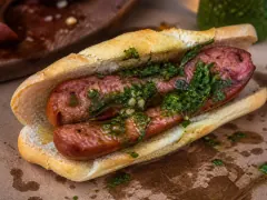 A split grilled chorizo in a crusty roll, the cut face browned and spooned with green chimichurri.