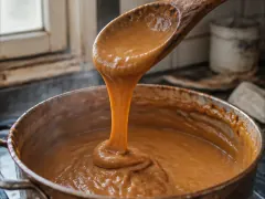A wooden spoon lifting a thick ribbon of amber dulce de leche out of a battered copper pot on the stove.