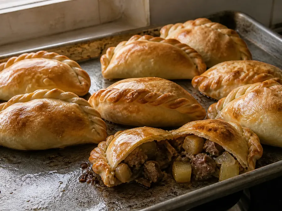 Golden baked Argentine empanadas with crimped edges on a tray.