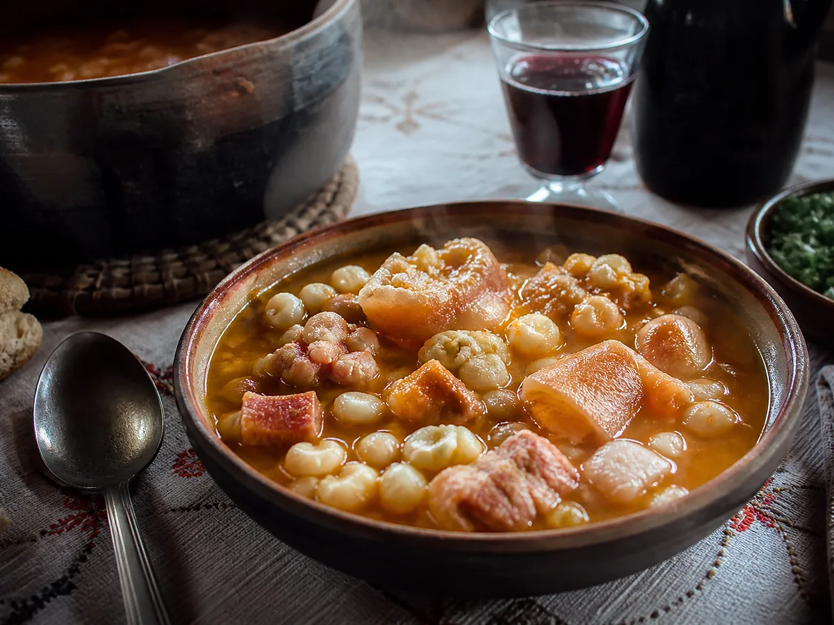 A bowl of thick Argentine locro — white corn, beans and collapsed squash — under a spoonful of red paprika fat and sliced scallion.