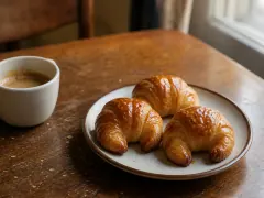 A tray of glossy Argentine medialunas, plump and pale-gold, their laminated ends visible under a syrup lacquer.