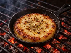A disc of provolone in a small cast-iron pan, crusted at the edge, the middle collapsed and molten under dried oregano and chilli flakes.