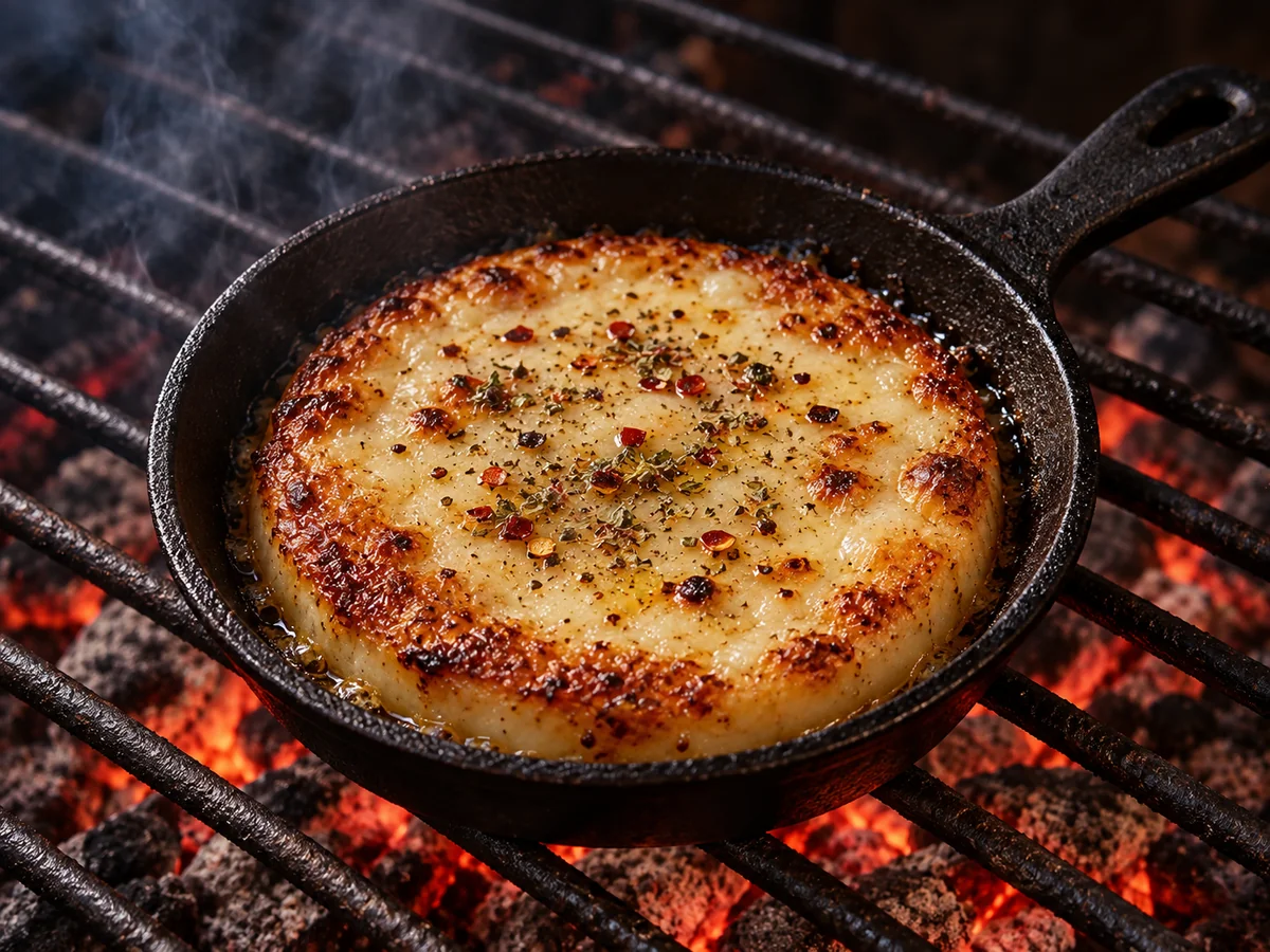 A disc of provolone in a small cast-iron pan, crusted at the edge, the middle collapsed and molten under dried oregano and chilli flakes.