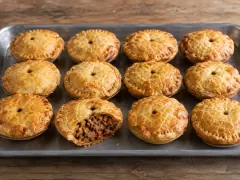 Twelve small round meat pies with crimped edges and a vent hole on a baking tray, one cut open to show the minced beef filling.