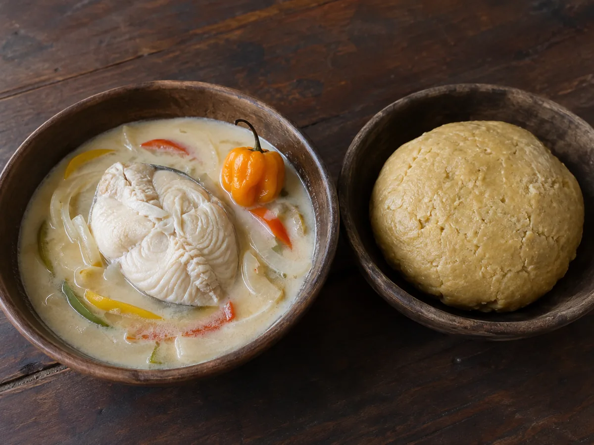 A wooden bowl of pale coconut soup with white fish steaks, sliced onion, strips of red and green pepper and a whole orange habanero, beside a wooden bowl holding a smooth mound of pounded plantain.