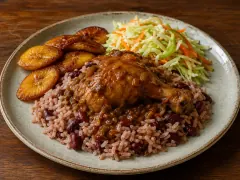 A stewed chicken leg in red-brown gravy on a plate of rice and kidney beans, with fried ripe plantain slices and cabbage and carrot slaw.