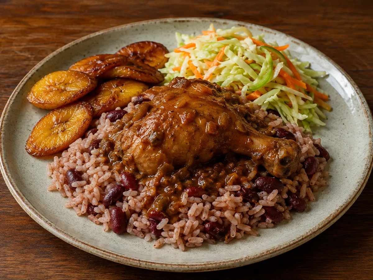 A stewed chicken leg in red-brown gravy on a plate of rice and kidney beans, with fried ripe plantain slices and cabbage and carrot slaw.