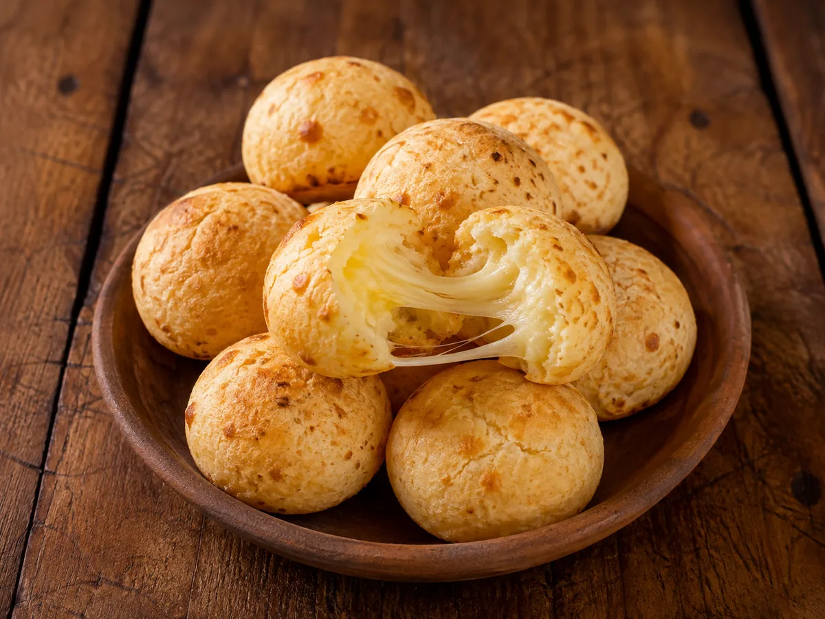 A shallow wooden bowl piled with round golden-crusted cheese rolls, the one at the front torn open to show a pale interior and a long strand of melted cheese stretching across the break, on dark wooden boards.
