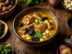 A dark glazed bowl of golden-yellow broth holding chunks of bone-in pork, black wrinkled chuño potatoes, pale hominy kernels and fresh mint leaves, on a wooden table ringed by smaller bowls of chuño, mote and red-skinned potatoes.