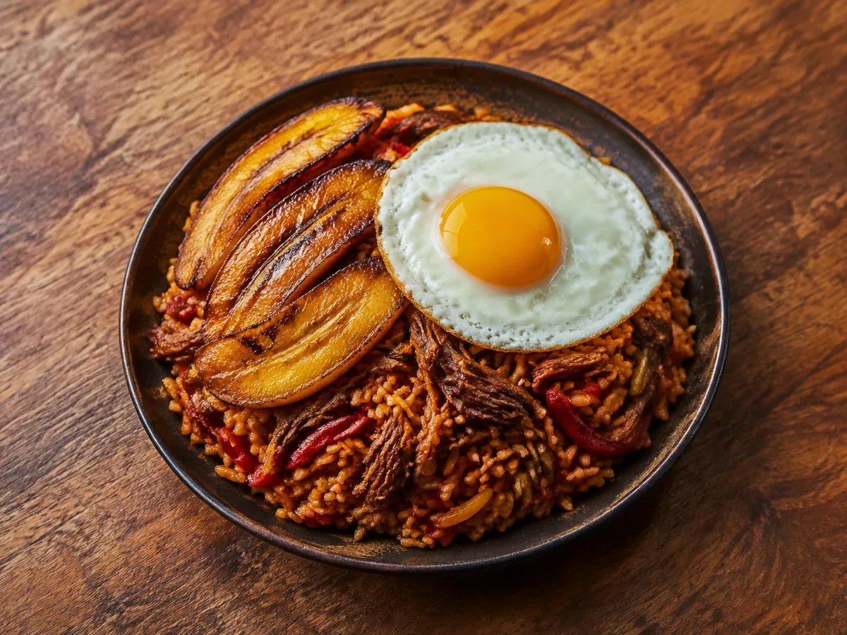 A dark rimmed plate of orange-red rice shot through with dark shredded beef threads and strips of red pepper, fanned with dark caramelised plantain slices and topped with a sunny-side-up fried egg, on a warm wooden table.