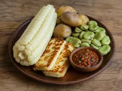 A dark wooden bowl holding a whole cob of pale giant-kernel corn, three boiled potatoes in their skins, a pile of bright green broad beans, two thick slabs of griddle-marked golden cheese and a small clay dish of red chunky salsa.