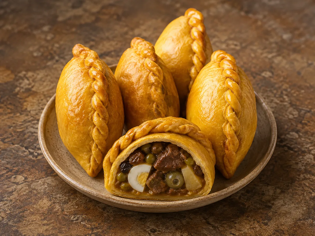 Four plump golden-yellow baked pastries with a braided rope seam running along the top, standing upright on a pale ceramic plate, with a fifth cut open at the front showing diced beef, green peas, potato and a wedge of hard-boiled egg.