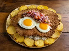 A wide plate seen from above holding an enormous round breadcrumbed cutlet that covers most of it, ringed with golden sautéed potato rounds, topped with two sunny-side-up fried eggs and a heap of diced tomato and red onion salsa, with white rice showing at the lower edge.