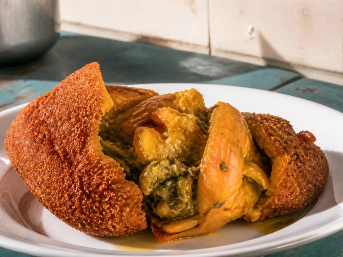 Deep orange-gold bean fritters split open and filled with a creamy shrimp paste and diced tomato salad.