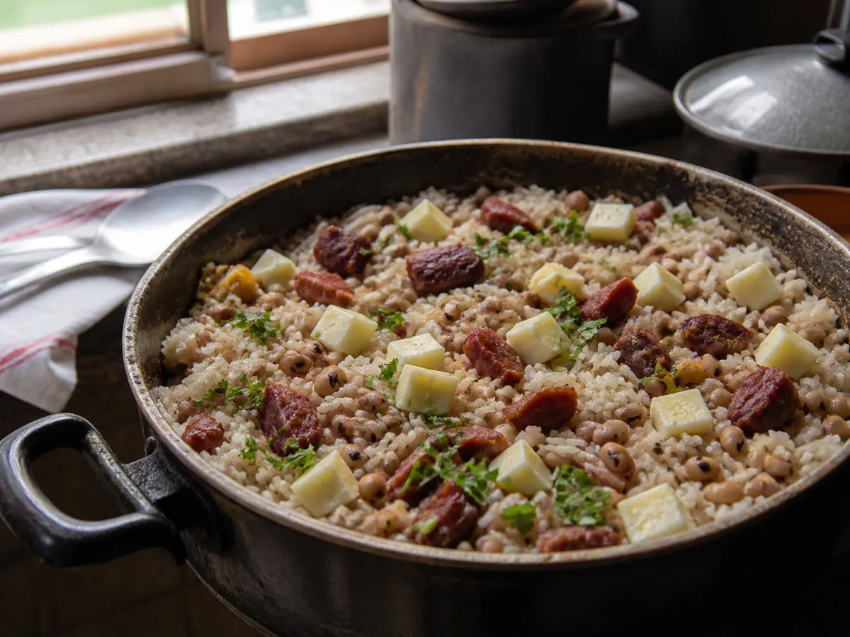 A wide bowl of rice and black-eyed peas flecked with cilantro, with shredded beef and golden-browned cubes of cheese on top.