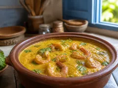 A thick orange-gold cassava and coconut stew with pink shrimp and chopped cilantro, served beside white rice.