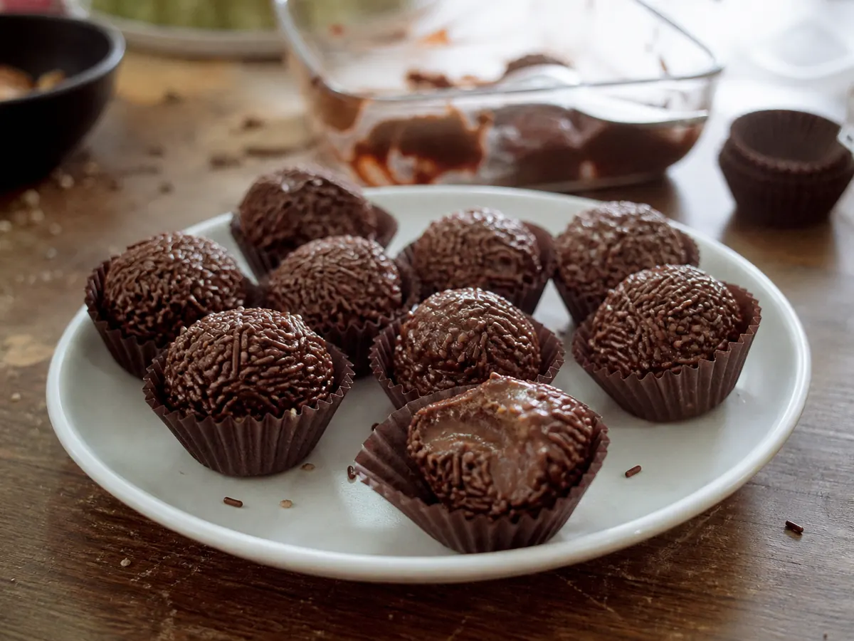 Round chocolate fudge balls coated in dark chocolate sprinkles, sitting in small fluted paper cups.