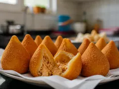 Golden teardrop-shaped coxinhas piled on a plate, one bitten open to show shredded chicken filling inside a thin shell.