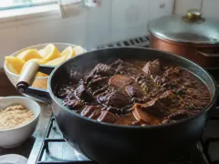 A dark pot of feijoada with black beans and pork cuts, beside white rice, farofa, sliced orange, and garlicky collard greens.