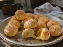 A tray of golden Brazilian cheese breads with crackled tops, one broken open to show the stretchy interior.