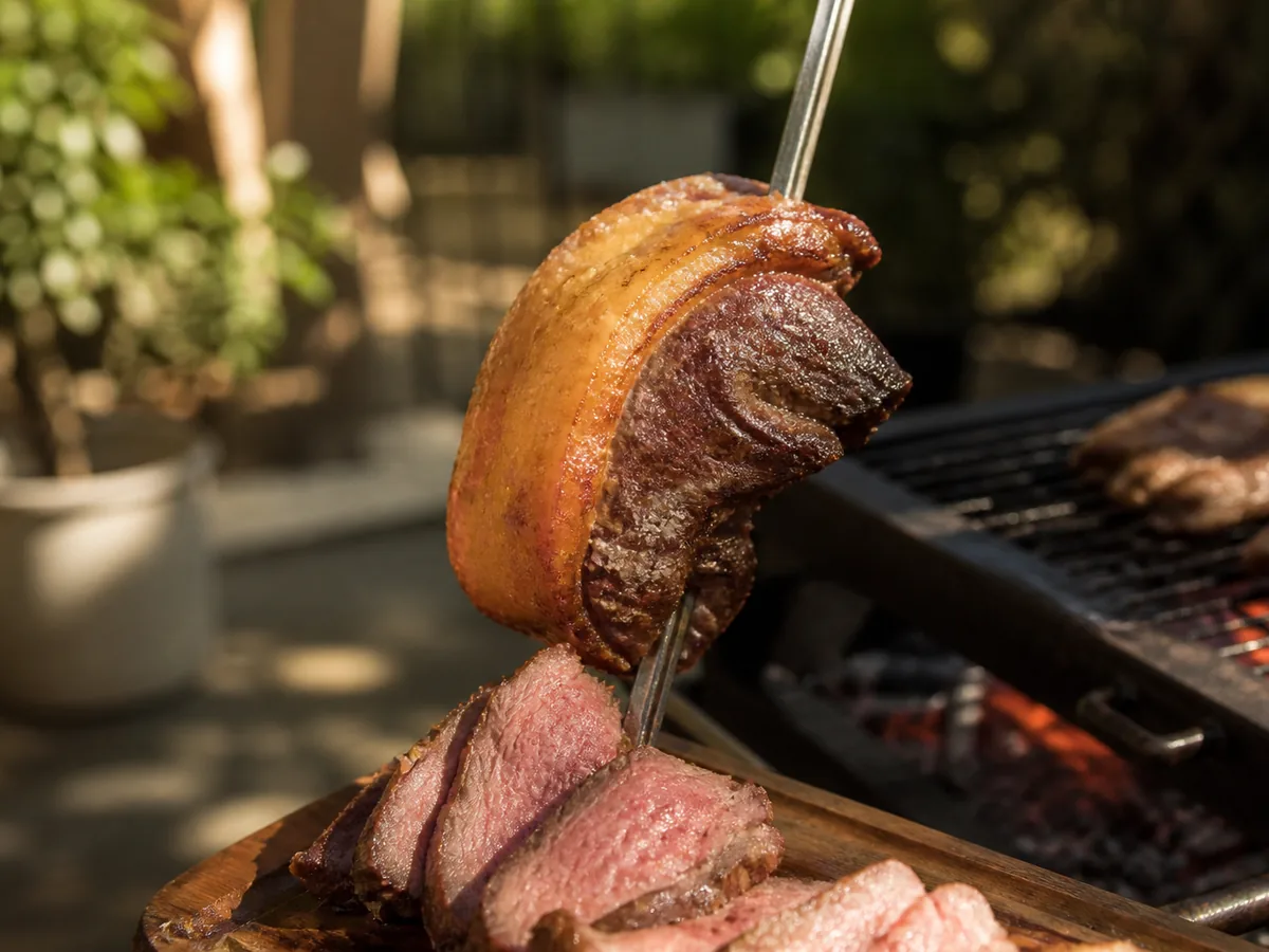A grilled picanha with a browned, blistered fat cap, part-sliced against the grain to show a pink centre.