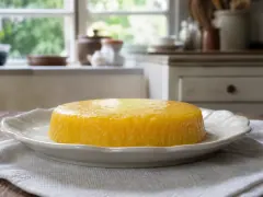 Small deep-yellow coconut custards with glossy domed tops, unmolded onto a plate, one cut to show the dense speckled crumb.