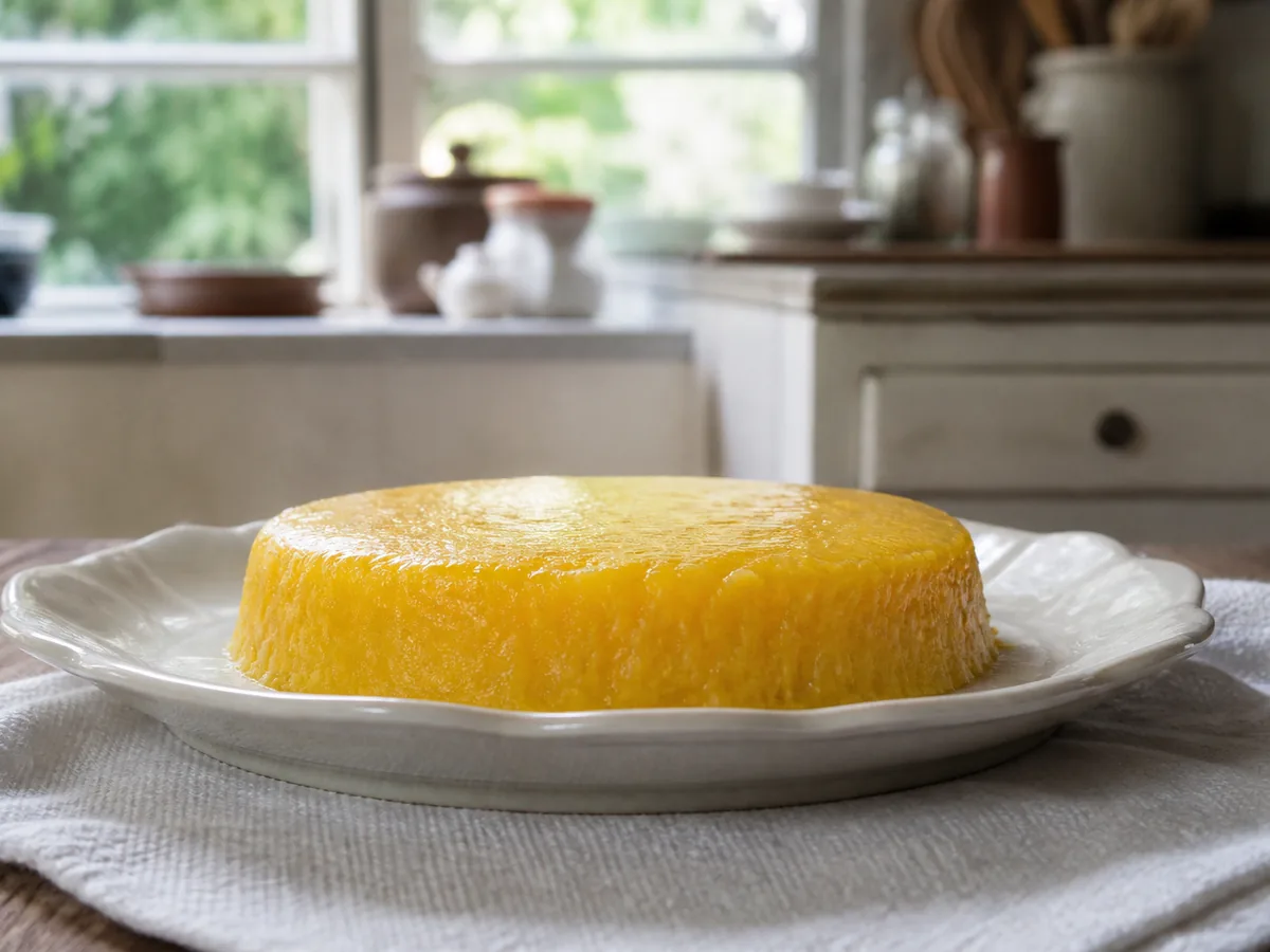 Small deep-yellow coconut custards with glossy domed tops, unmolded onto a plate, one cut to show the dense speckled crumb.