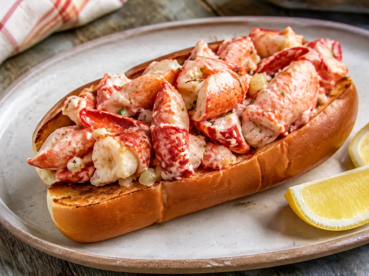 A golden griddled split-top bun overflowing with chunks of pale lobster meat flecked with chives, a whole coral-red claw resting on top.