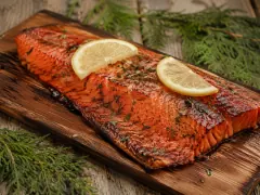 A whole side of deep coral-red sockeye salmon glazed amber and laid with thin lemon slices on a charred cedar plank, scattered with dill.