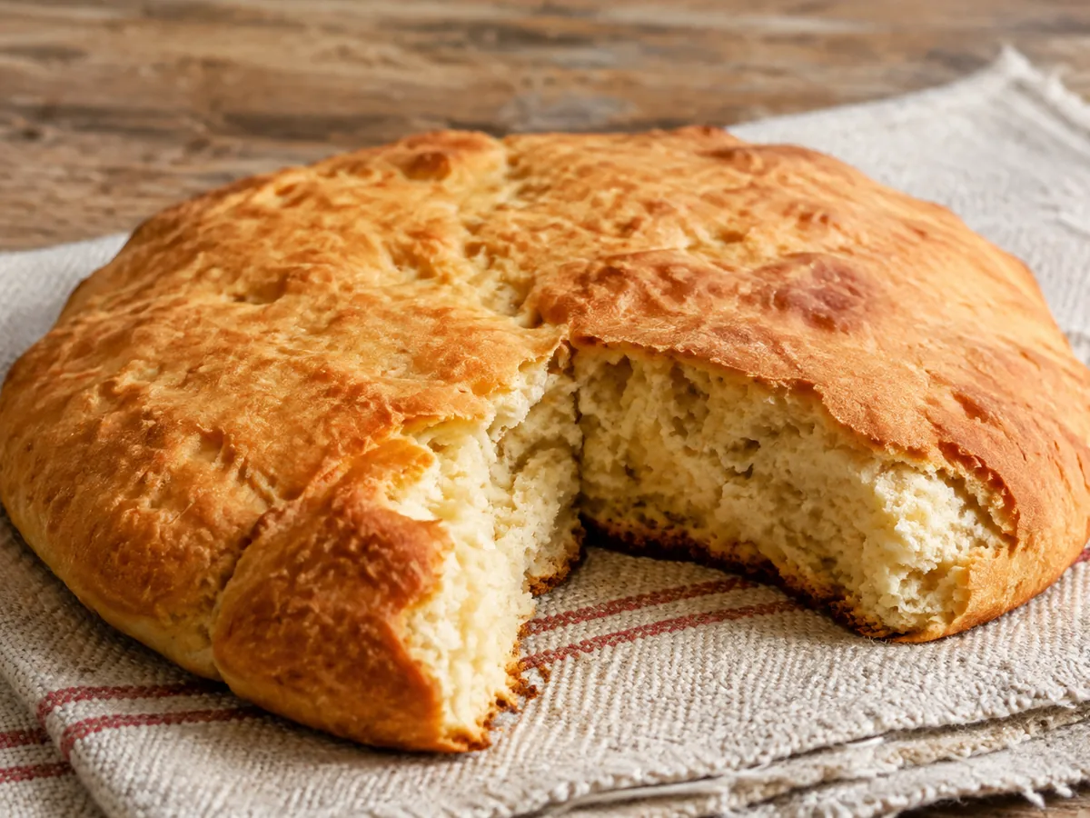 A round golden bannock with a blistered, split crust in a cast-iron skillet, one wedge cut and buttered, with a small bowl of glossy purple blueberry compote beside it.