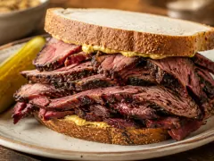 A towering sandwich of thin rosy-pink smoked brisket slices with a black pepper and coriander crust, piled between two slices of seeded rye with yellow mustard, a dill pickle alongside.