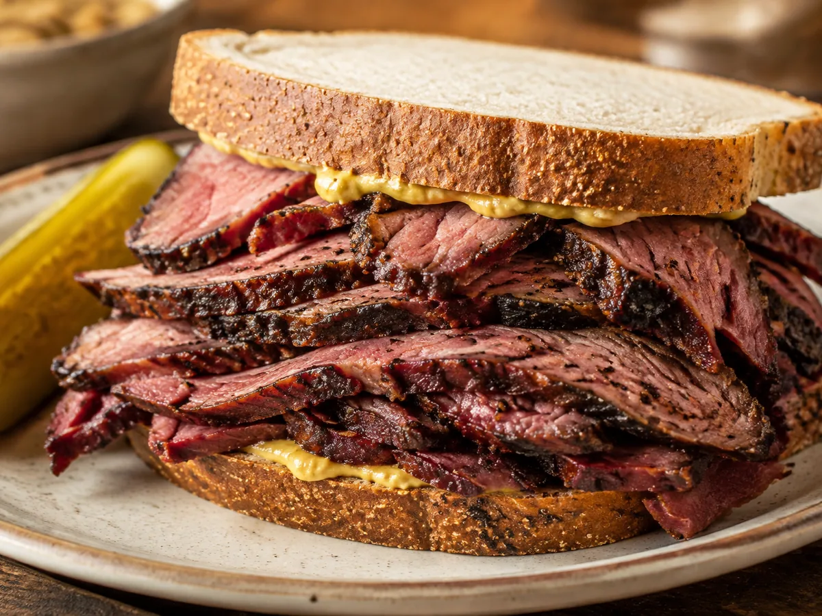 A towering sandwich of thin rosy-pink smoked brisket slices with a black pepper and coriander crust, piled between two slices of seeded rye with yellow mustard, a dill pickle alongside.