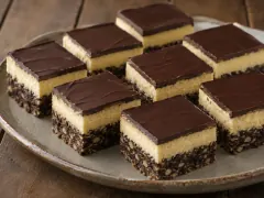 Neatly cut squares showing three sharp layers: a dark crumbly base, a thick pale yellow custard cream, and a glossy dark chocolate top.