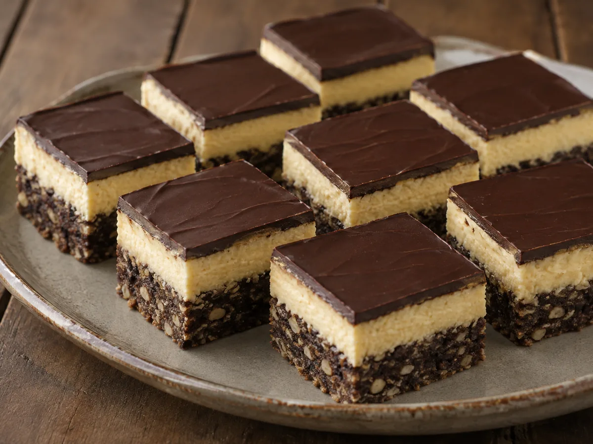 Neatly cut squares showing three sharp layers: a dark crumbly base, a thick pale yellow custard cream, and a glossy dark chocolate top.